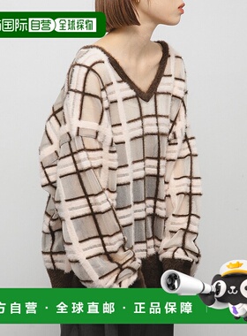 1h可退 日本直邮KBF 女装 V领宽松轻盈感廓形针织衫 大胆格纹设计