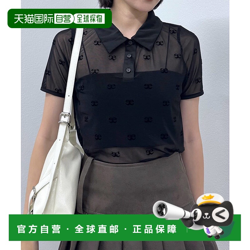 1h可退 日本直邮mline女士印花网纱POLOT恤 配色领口设计 春夏宽