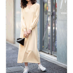 【日本直邮】Ranan 卷袖长款针织连衣裙（米色）