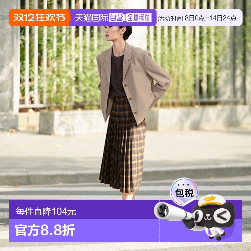 1h可退 日本直邮JUNOAH 带腰带的褶皱格子裙长裙