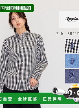 日本直邮GYMPHLEX 女士格纹牛仔棉质长袖纽扣衬衫带狮鹫刺绣 (GY-