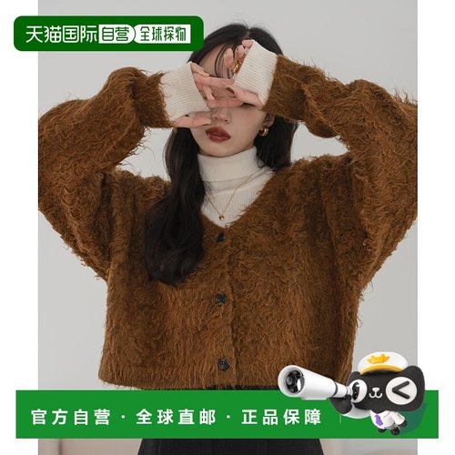 1h可退 日本直邮hinari 女装 V领短款针织开衫 毛绒柔软 显瘦修身