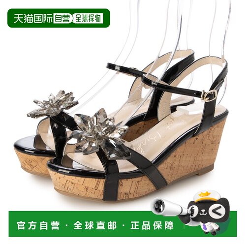 日本直邮Bridget Birkin 51512B 水晶花朵凉鞋（黑色漆皮）坡跟