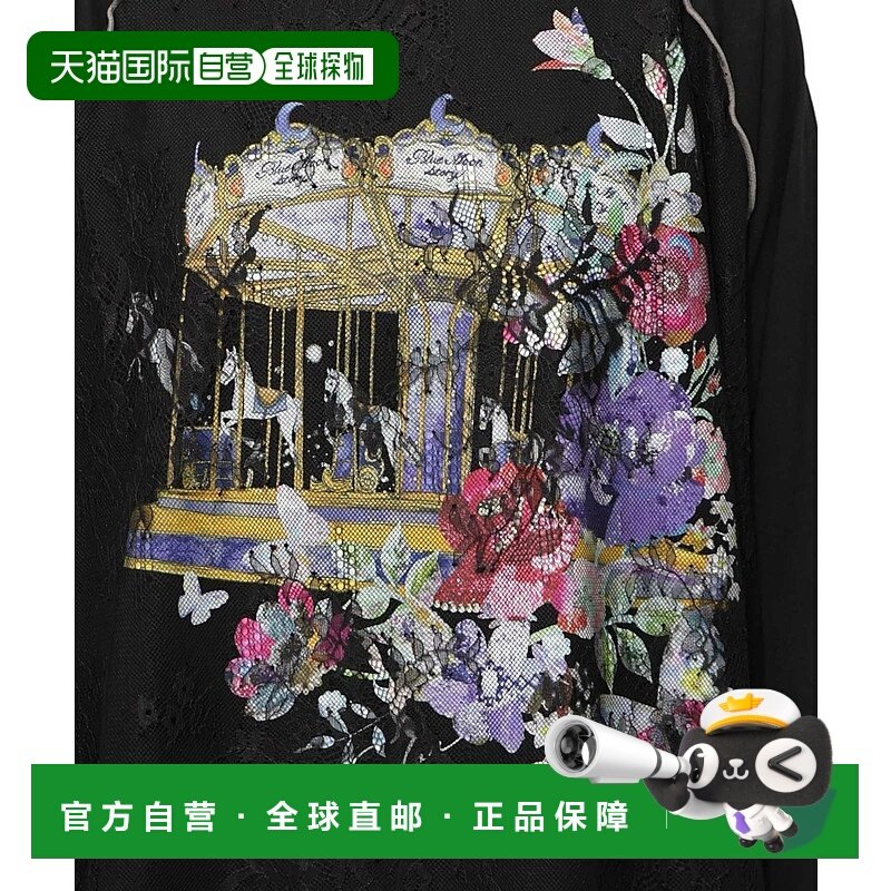 1h可退 日本直邮iS ScoLar 女装 花与旋转木马印花蕾丝叠层长袖T