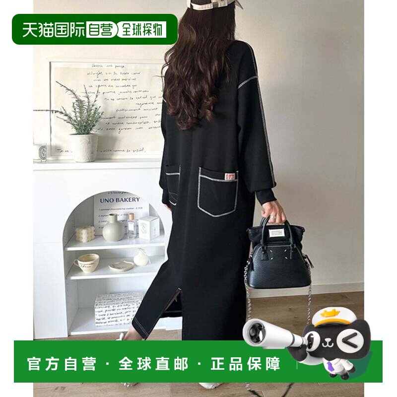 日本直邮Classical Elf 长袖连衣裙 背面可爱 配色缝线华夫格 黑图片