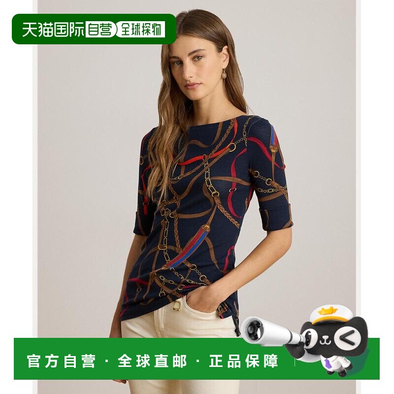 日本直邮LAUREN RALPH LAUREN 女装 纯棉船领T恤 褶饰印花设计 WM