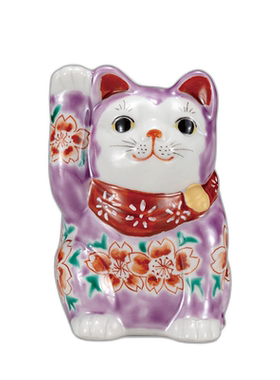 日本直邮九谷烧礼品包装3.2号招财猫紫釉樱装饰品瓷器结婚礼物装