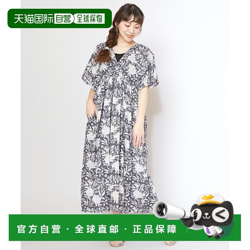 日本直邮CAYHANE 女装 印度棉V领宽松手工艺印花连衣裙 ISA5202