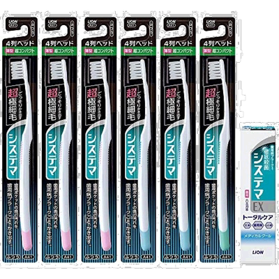 【日本直邮】LION SYSTEMA 牙刷 4排 普通 + ex牙膏 套装 6支口腔