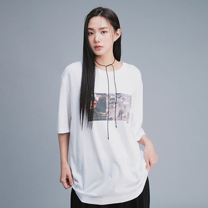 spelledit韩版照片图案t恤通勤短袖休闲宽松打底上衣女