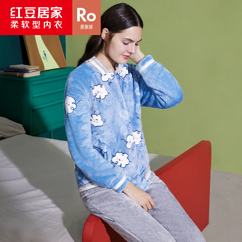 红豆奥莱居家服睡衣卡通女士棒球服珊瑚绒套装秋冬保暖加厚法兰绒