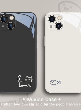 简约线条小猫小鱼适用红米NOTE14手机壳K70/K60简约K50/K40情侣NOTE12TPRO液态玻璃CIVI4PRO防摔小米13/12INS