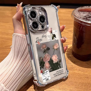 玫瑰花标签适用苹果16手机壳iPhone15/11PROMAX电镀四角防摔壳华为PURA70创意MATE60PRO+粉小米14红米NOTE13