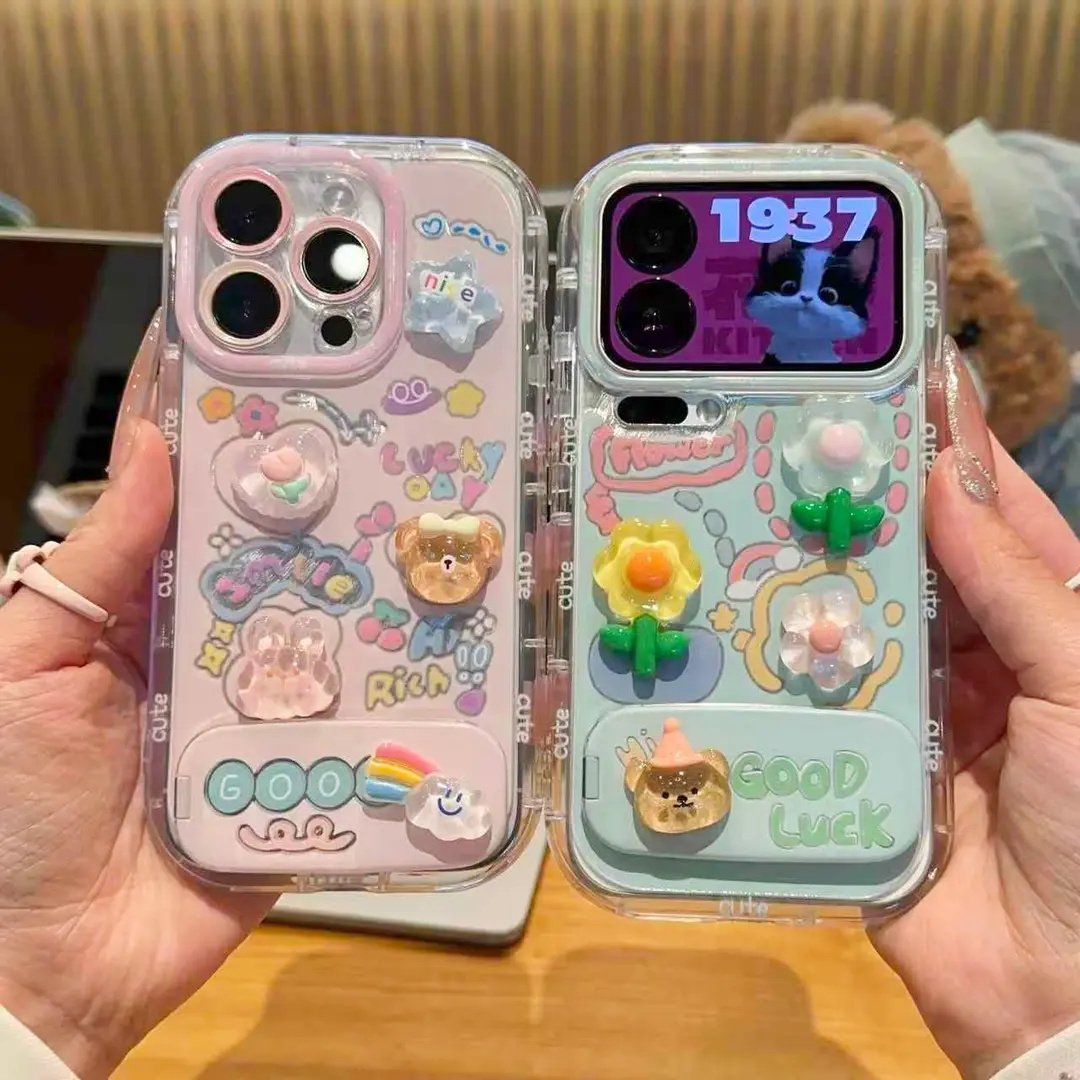 花朵熊兔支架适用苹果17手机壳iPhone16/15PROMAX透明华为PURA80可爱NOVA15情侣MATE60PRO防摔VIVO小米RENO14