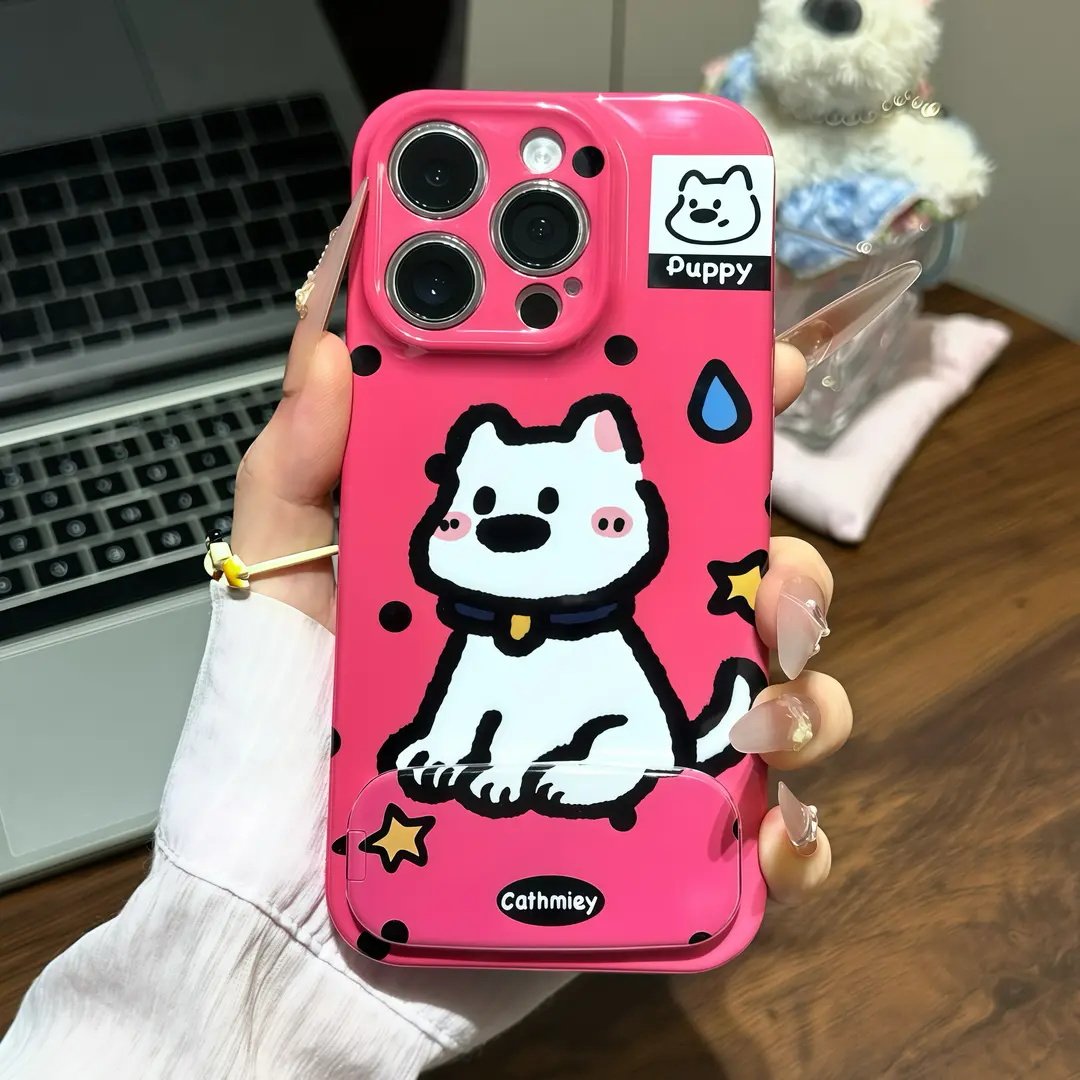 流汗西高地镜子支架适用苹果16PROMAX手机壳iPhone17/15菲林华为PURA80可爱NOVA14创意MATE60PRO防摔VIVO红米
