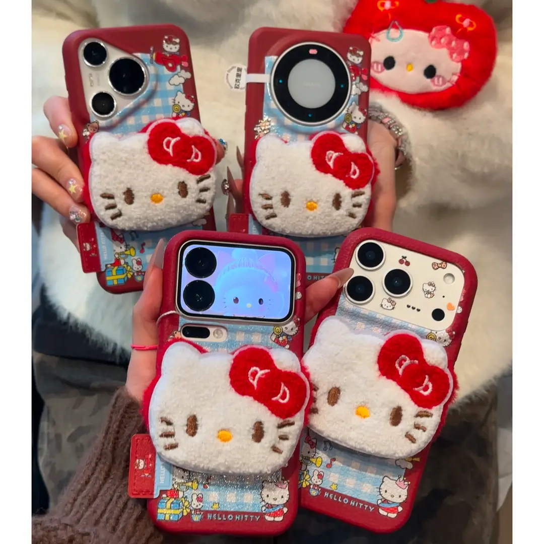 可爱毛绒KT猫标签适用苹果手机壳
