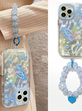 晕染蓝色蝴蝶适用vivos18手机壳x100spro新款iQOOz9x透明s17/s16/s15/s12小清新x90/x80/x60防摔iQOO11羽纱卡
