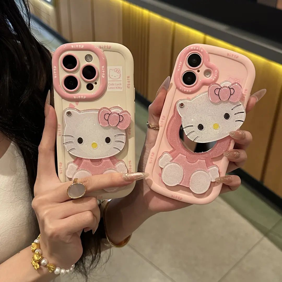 粉色Kitty化妆镜适用苹果16手机壳iPhone15/14新款13/12MINI可爱11PROMAX全包防摔XS/XR闺蜜7/8P超火XSMAX软