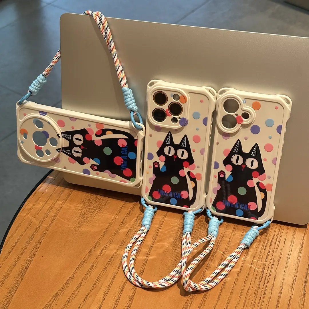 彩色波点黑猫适用苹果16手机壳iPhone15/14PROMAX四角挂绳华为PURA80可爱NOVA14防摔MATE60PRO情侣S30红米K70