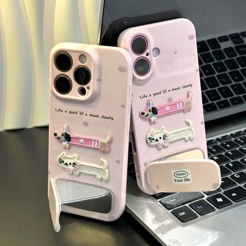 刺绣小猫小狗支架适用苹果手机壳