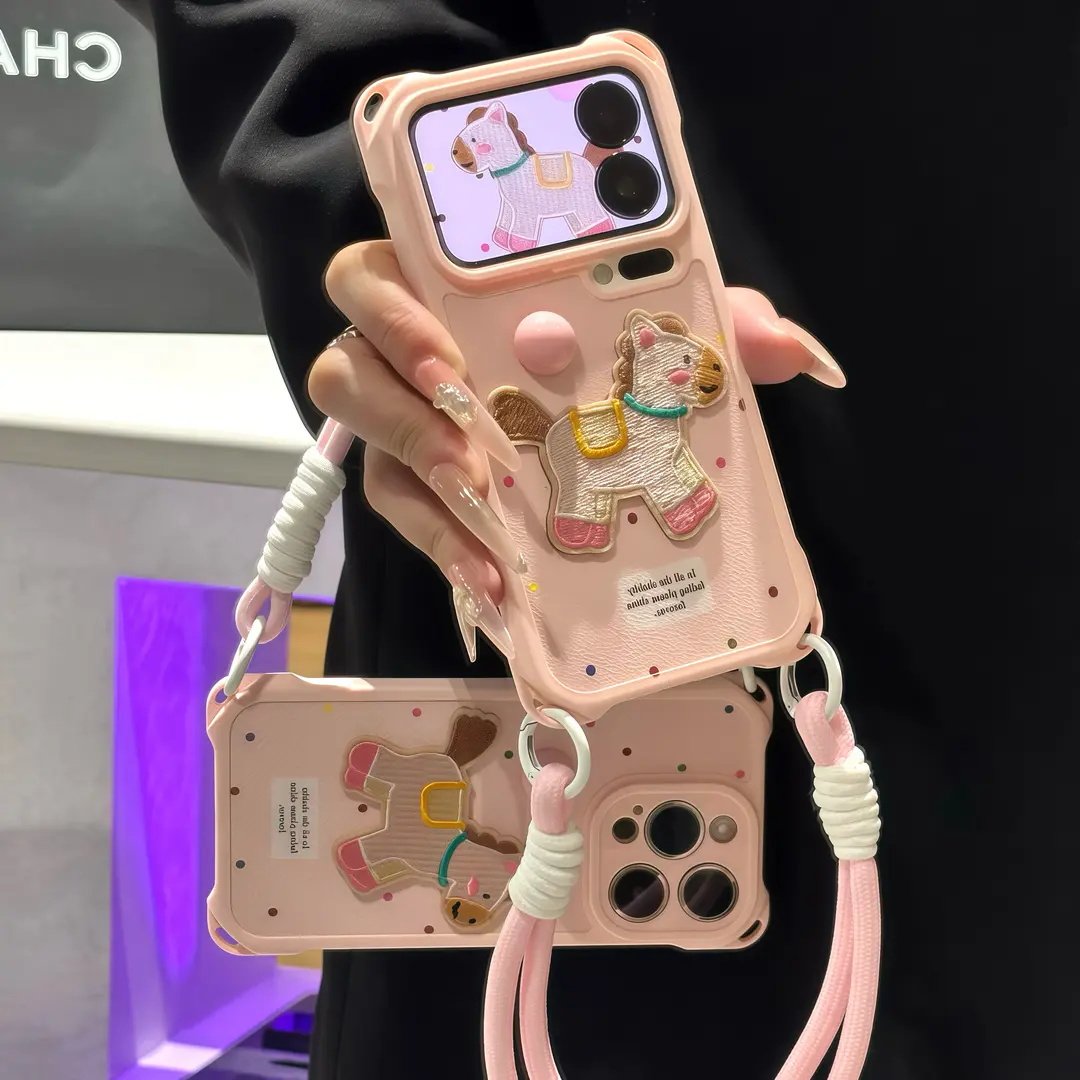 波点刺绣小马适用苹果17手机壳iPhone16/15PROMAX四角挂绳华为PURA80可爱NOVA14闺蜜MATE60PRO本命年X300小米
