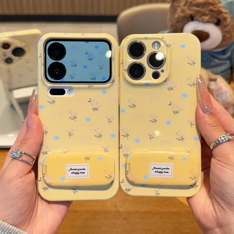 早春黄碎花支架适用苹果17手机壳iPhone16/15PROMAX新款华为PURA80小清新NOVA15闺蜜MATE60PRO超火TURBO5OPPO