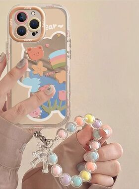 镜面花朵小熊适用红米turbo3手机壳k70新款note13/12/11tpro卡通小米14/12x超火civi4pro高级k60/k50/k40透明