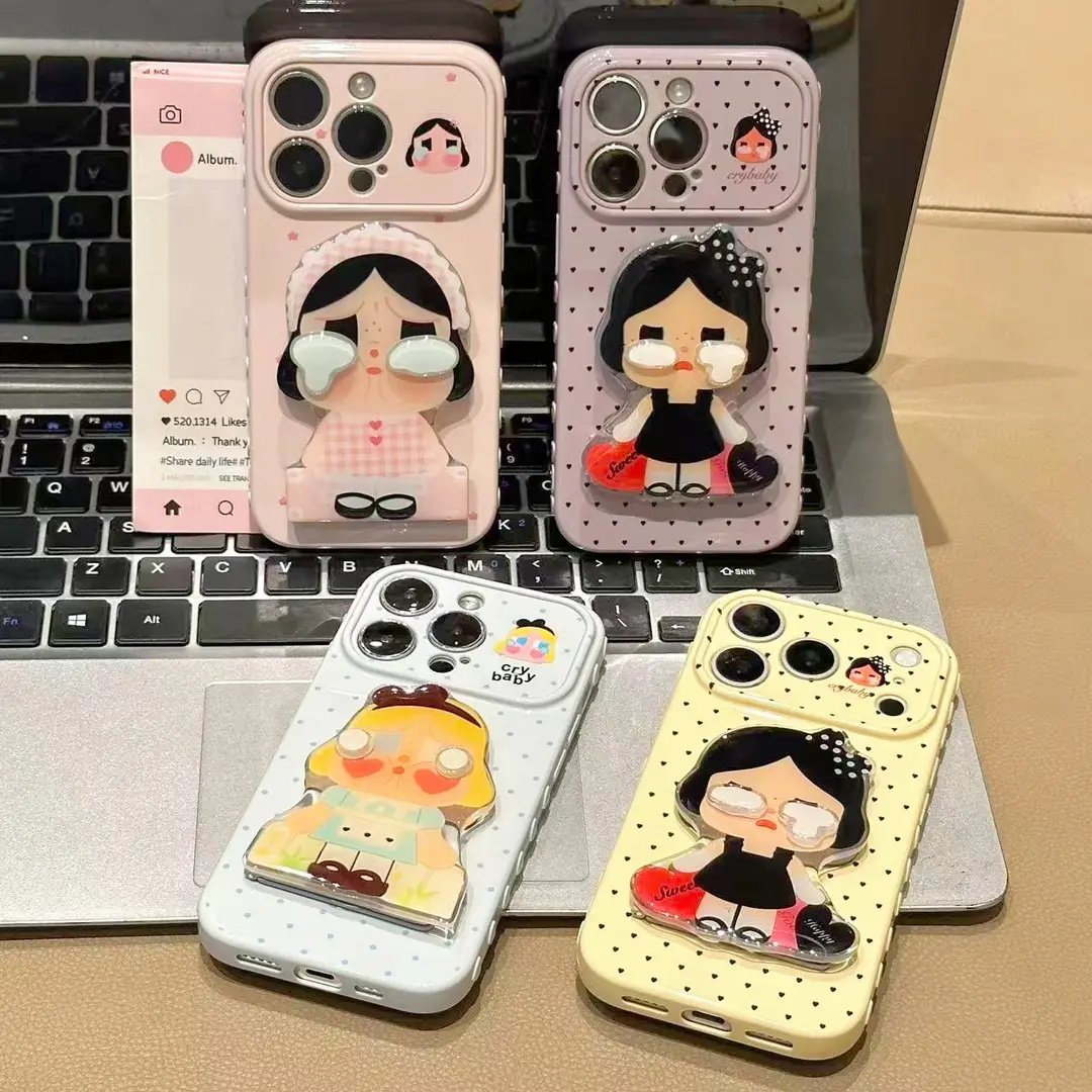 立体哭娃镜子支架适用苹果17PROMAX手机壳iPhone16/15PLUS视窗侧边爱心14/13/12可爱11PROMAX超火秒变17镜子