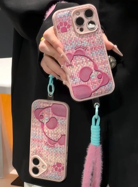编织纹粉熊猫适用苹果17手机壳iPhone16/15PROMAX秋冬新款华为PURA80可爱MATE60毛绒VIVOS30PROMIN闺蜜RENO14