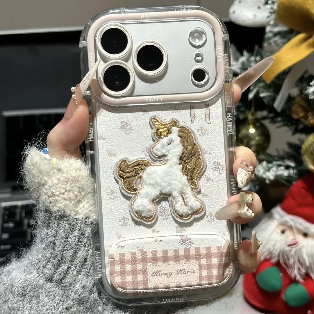 独角小马刺绣支架适用苹果手机壳