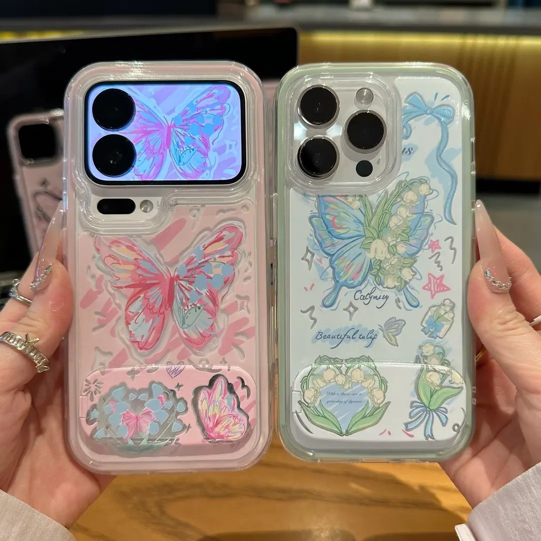 涂鸦蝴蝶支架适用苹果17手机壳iPhone16/15PROMAX透明华为PURA80高级NOVA15创意MATE60PRO情侣VIVO小米RENO14