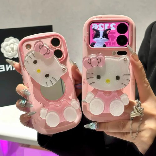 少女粉KT镜子支架适用苹果手机壳