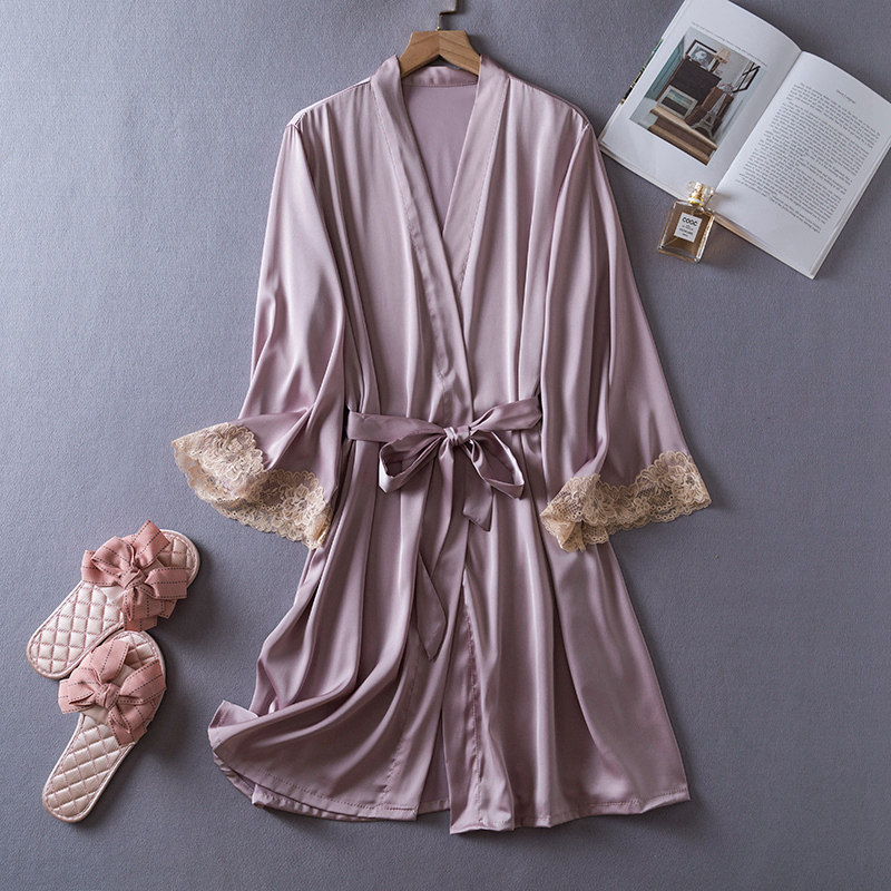 向娜2023年性感睡衣女春秋薄款冰丝绸睡袍浴袍蕾丝花边晨袍单件