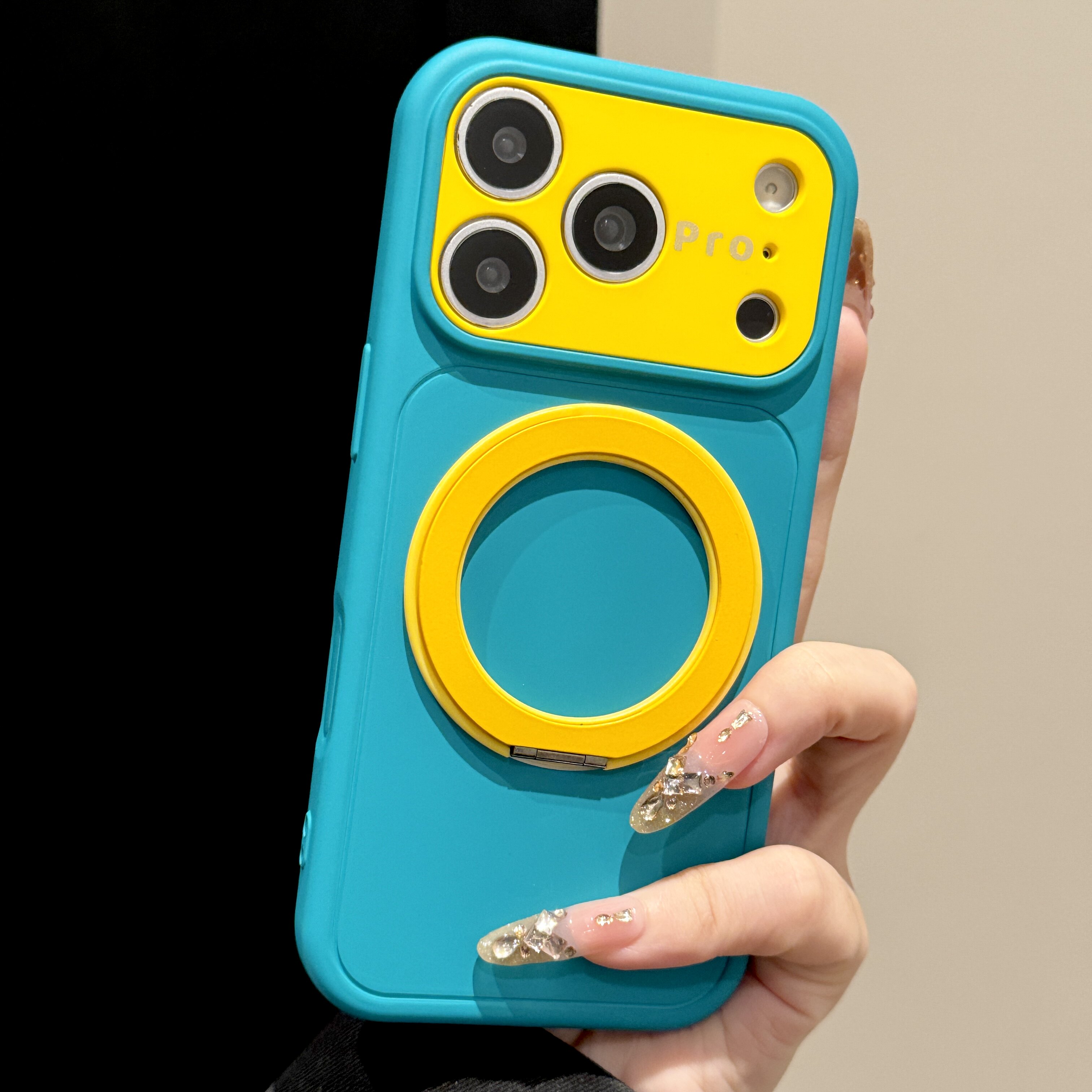 韩道适用苹果17Promax手机壳iPhone18pro新款蓝黄撞色大视窗液态硅胶360支架16按键全包15简约精孔防摔保护套