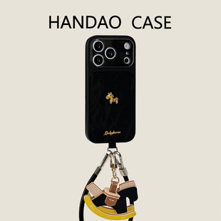 韩道适用苹果17pro手机壳黑色立体金色小马英文标iphone17promax皮纹iPhone16promax防摔高级感15p简约保护套