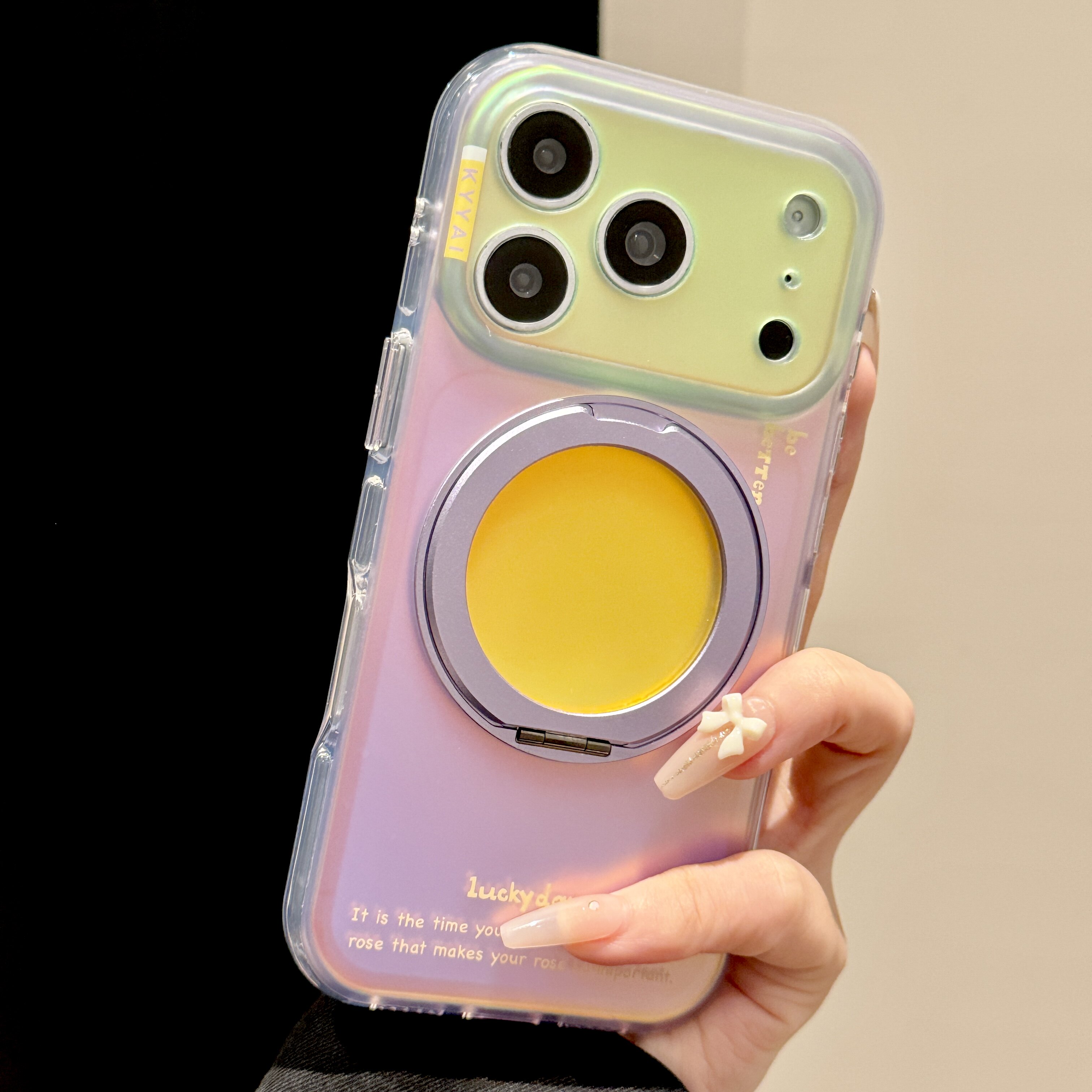 韩道适用苹果17Promax手机壳iphone16pro新款镭射紫黄撞色带旋转支架15pm简约ins风小众精孔防摔保护套