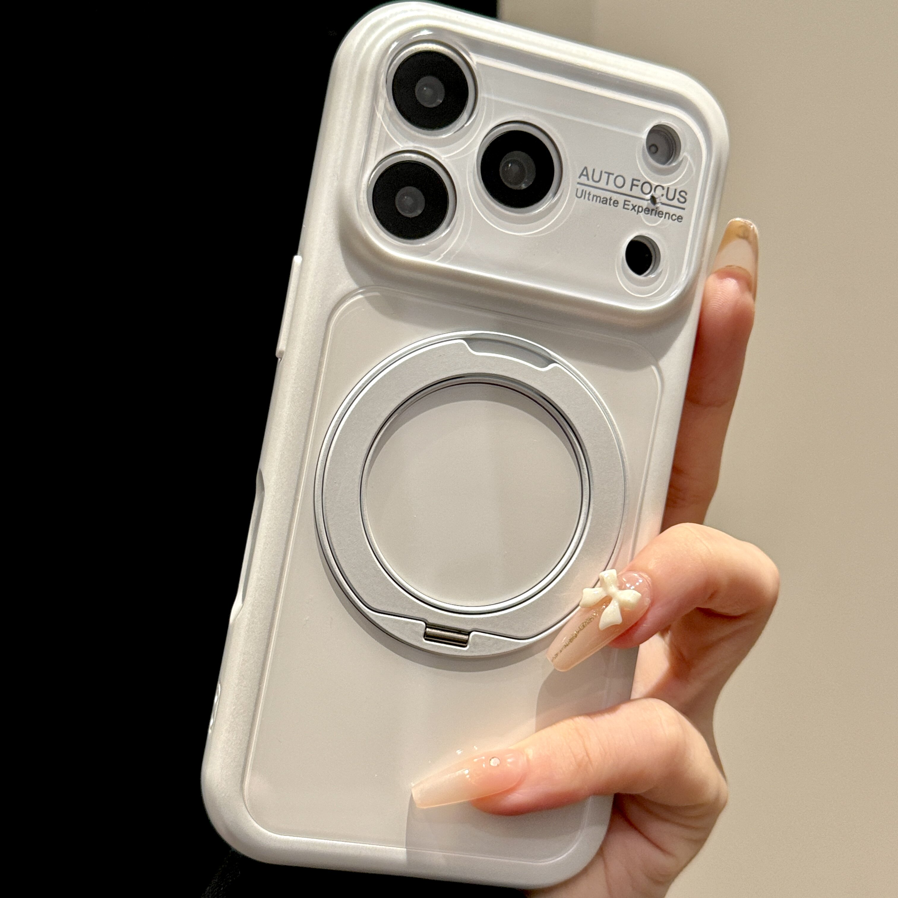 韩道适用苹果17Promax手机壳iphone16pro新款秒变大视窗白色肤感硅胶360°旋转支架15按键全包简约防摔保护套