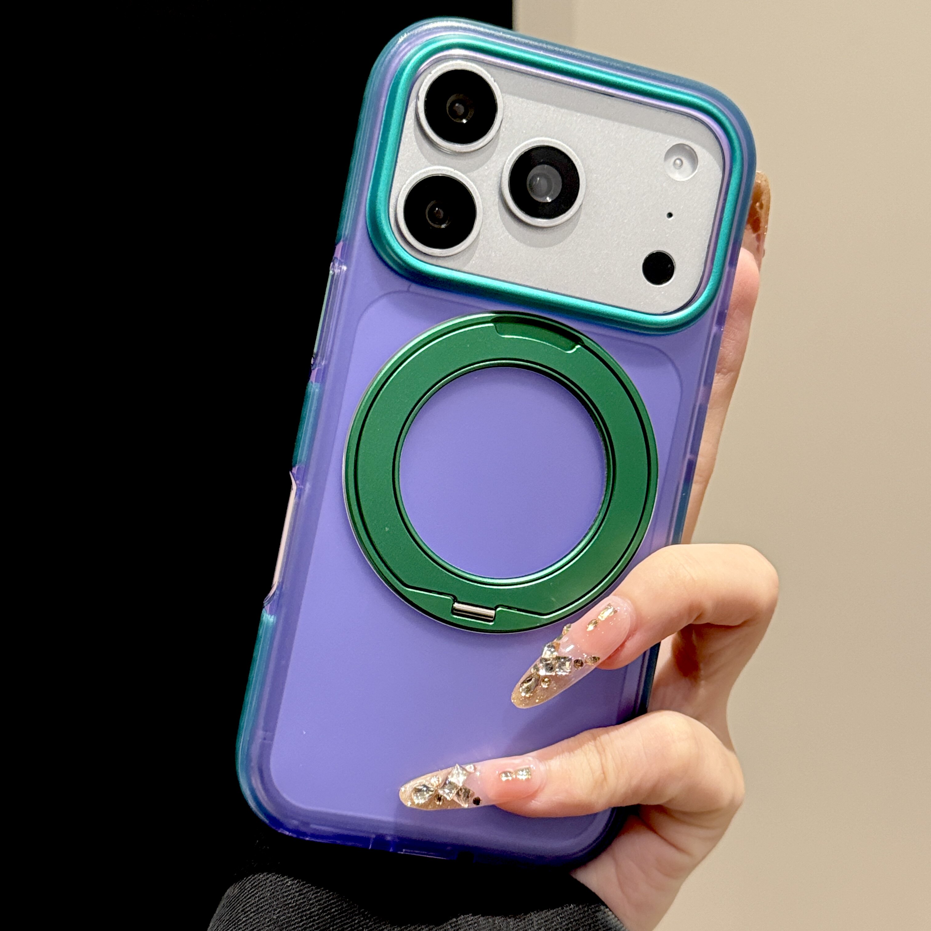 韩道适用苹果17Promax手机壳iPhone16pro升级版透薰衣紫磨砂带360旋转磁吸支架简约撞色防滑减震条防摔保护套