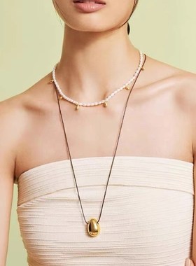 简约黑色a皮绳金属水滴吊坠可调节长项链装饰链轻奢高级感2025新