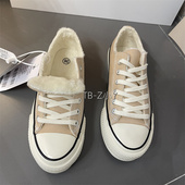 女鞋 2022秋冬新款 保暖平底休闲系带板鞋 奶茶色加绒二棉帆布鞋 韩版
