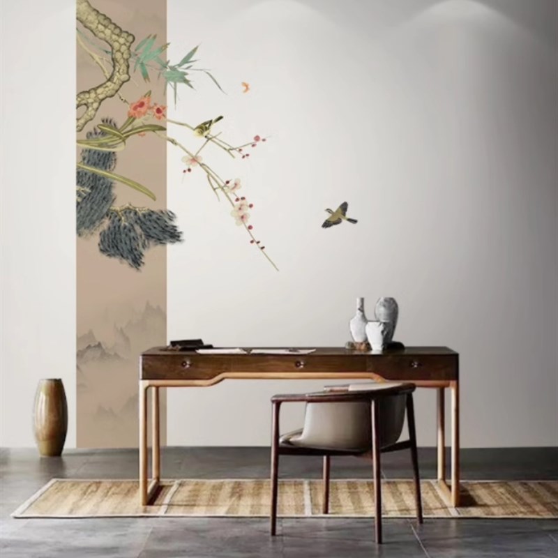 定制壁画新中式花鸟墙布u客厅卧室背景壁布书房茶室墙纸餐厅壁纸