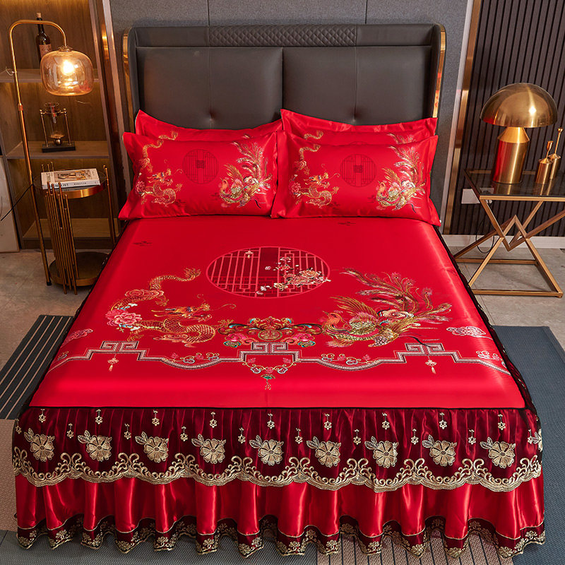 2024新款大红色n床裙款冰丝凉席三件套中国风花卉喜庆夏季空调席,床上用品,床裙,淘宝优惠券,粉丝福利购,淘宝优惠卷