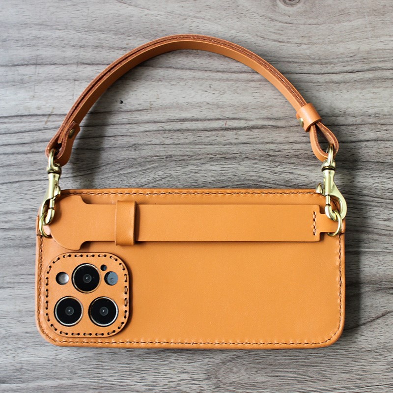 (个人定制)纯手工真皮手机壳植鞣牛皮手机套支架卡位肩带挂绳