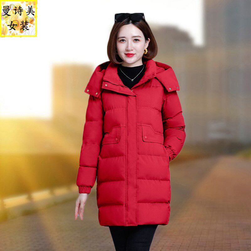 红色羽绒棉衣女中长款2025冬季新款韩版加厚棉袄妈妈洋气棉服外套