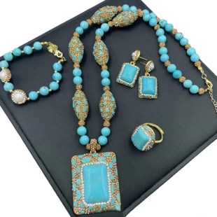 新款绿蓝色松石项链毛衣s链开口戒指耳钉耳环手镯手链首饰套装