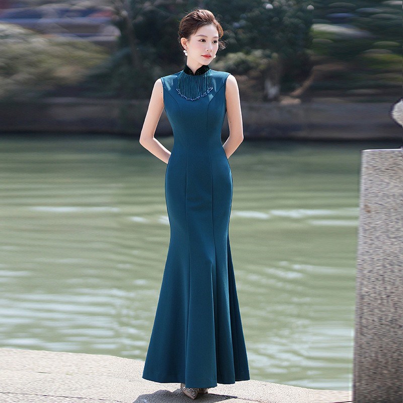 演出旗袍2023新高弹面料长款舞蹈旗袍中国风妈妈走秀端庄大码礼仪