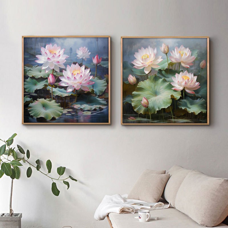 荷花装饰画正方形免打孔卧室浴室挂D画客厅餐厅莲花防水卫生间壁图片