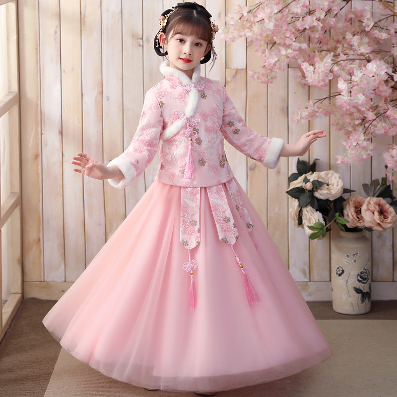 儿童汉服女童加厚中国风唐装冬季加D绒冬装古装过年拜年服裙子秋