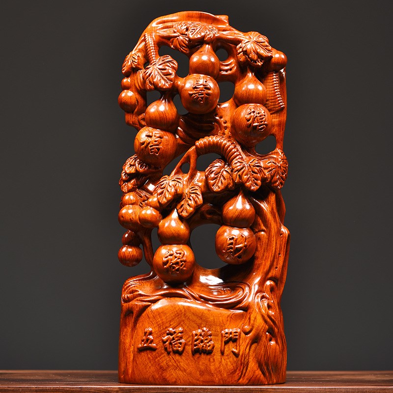 花梨木雕五d福临门根雕摆件客厅家居装饰品开业乔迁送礼工艺品