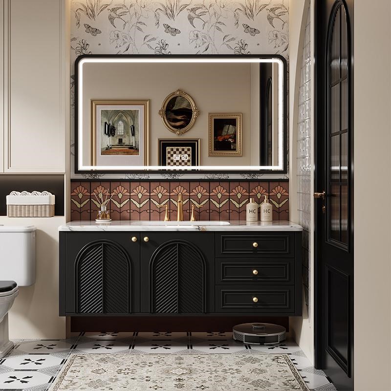 法式复古浴室柜组合奢石一体盆卫生间实木烤漆洗漱台洗手池洗脸盆